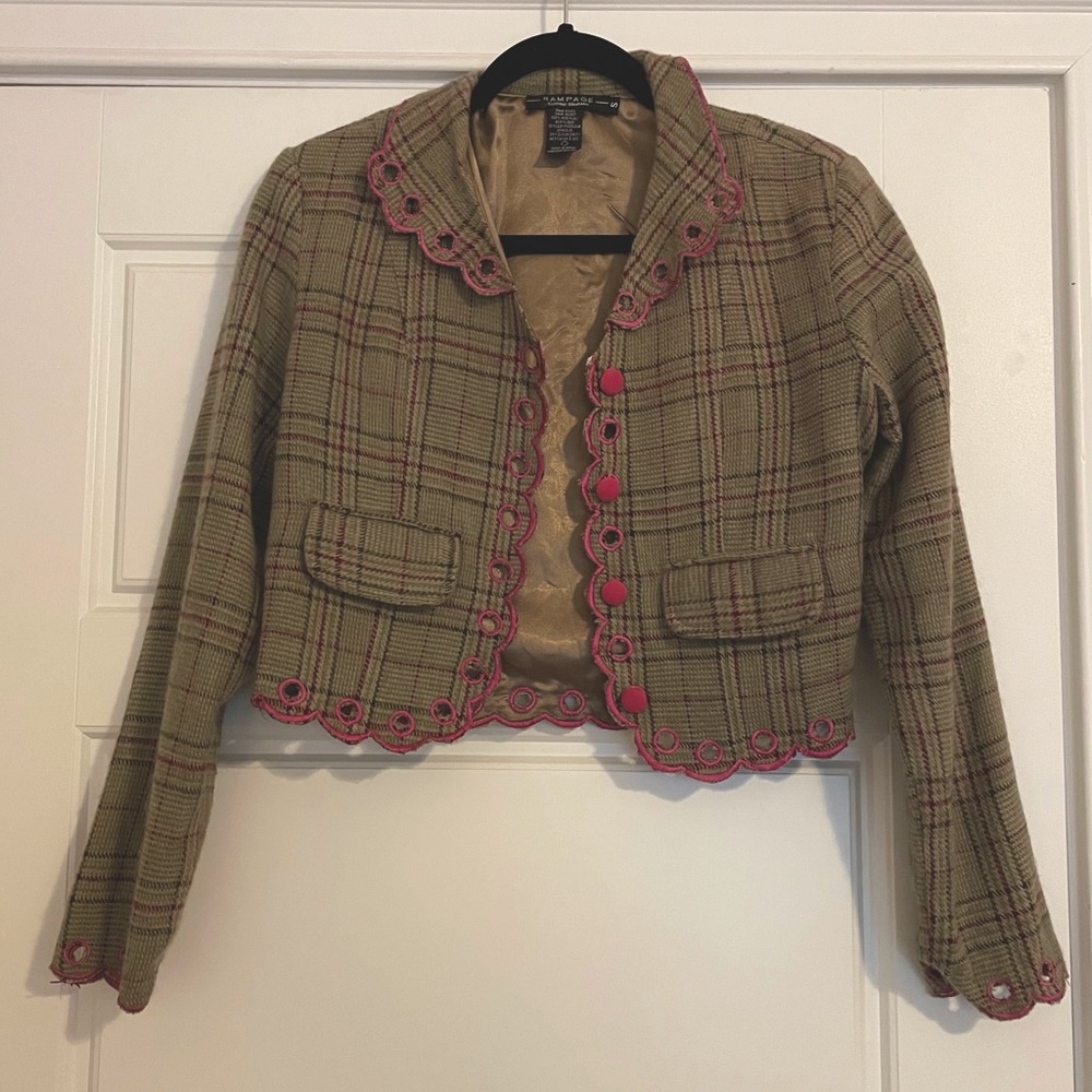 Rampage Crop Jacket, pink and brown plaid on tan. Fully lined. size S